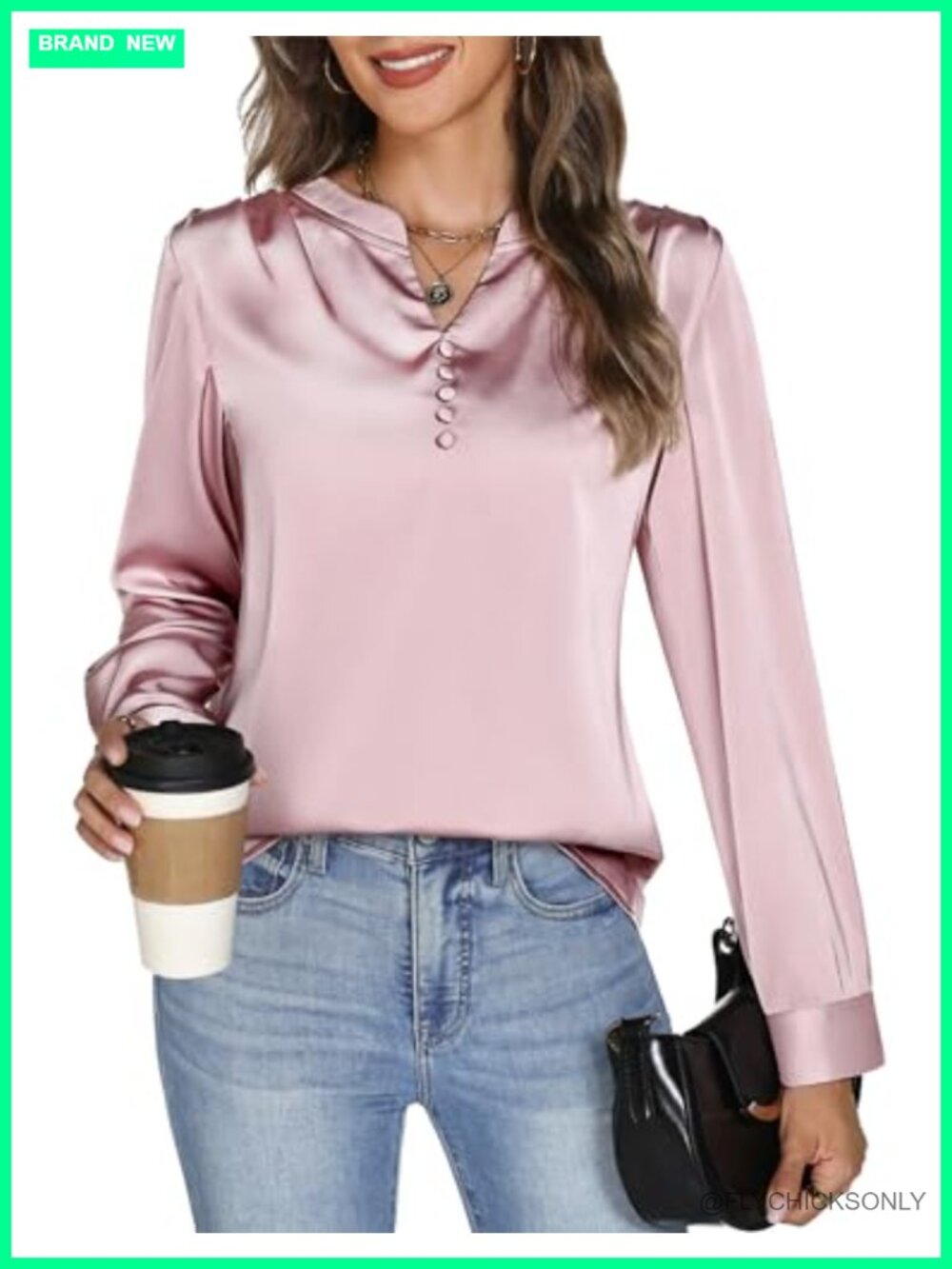 Womens Satin Silk Blouse Long Sleeve Button Front V Neck Work Top